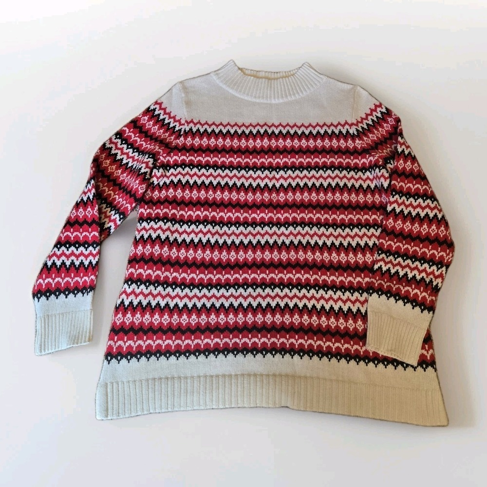Talbots Sweater Womens M Petite Ivory Black Red Wool Blend Pullover Fair Isle